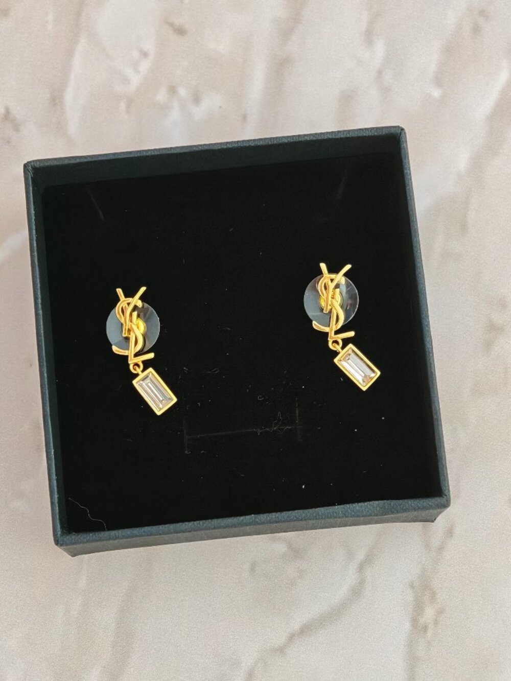 **Gold Interlocking Letter Drop Earrings with Baguette CZ Crystal Charm**